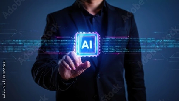 Obraz Ai artificial intelligence technology concept businessman touching virtual screen ai chip