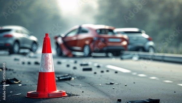Fototapeta Traffic cone in foreground with damaged vehicles after a car accident on the highway.