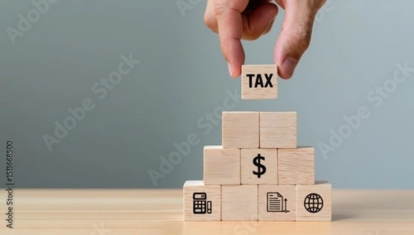 Obraz Tax planning strategy concept hand placing wooden block with tax word on top of pyramid