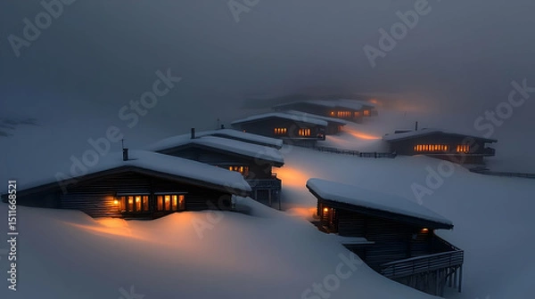 Obraz Snow Covered Cabins Illuminated at Night