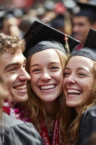 Obraz Joyful group of graduates celebrating achievement with beaming smiles at commencement ceremony, embodying success and unity in an academically rewarding milestone moment