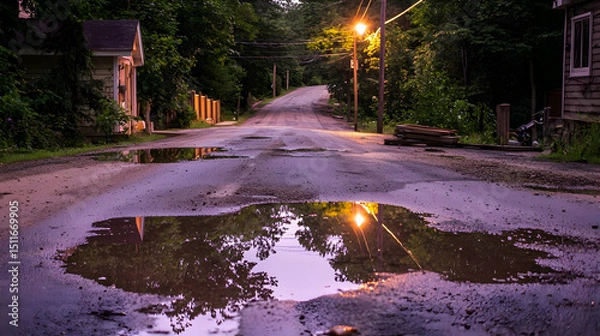 Obraz Evening Country Road with Puddle Reflections