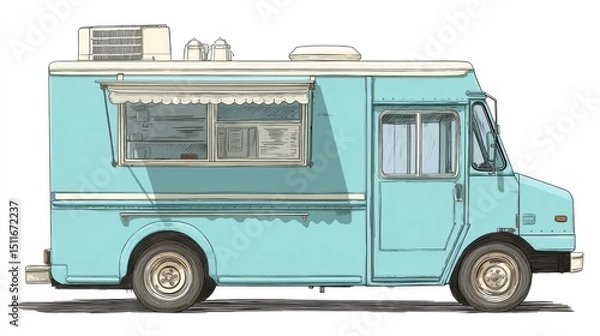 Fototapeta Side view of a light teal food truck