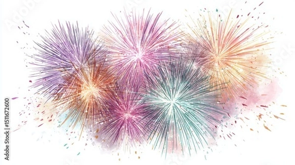 Fototapeta Watercolor fireworks display against a white background