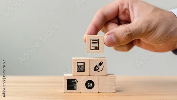 Obraz Business planning strategy concept hand arranging wood block stacking as step stair