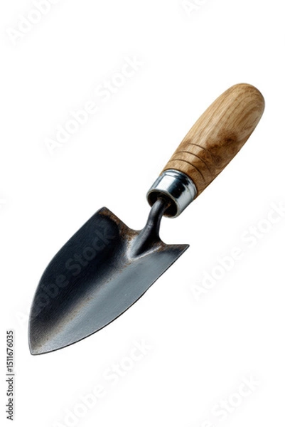 Fototapeta Garden Trowel Tool: Close-up of a shiny new trowel with a wooden handle, ideal for small-scale digging and planting in your garden.
