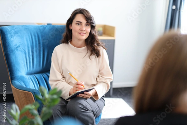 Obraz Young caucasian female therapist with notepad in counseling session