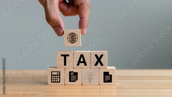 Obraz Tax concept with wooden blocks hand placing global tax block for tax planning tips