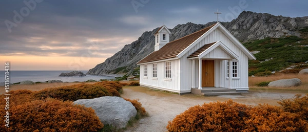 Obraz Coastal Chapel: A quaint white chapel, set against a dramatic coastal backdrop, captures the essence of serenity and architectural elegance, with a pathway leading to its inviting entrance. 