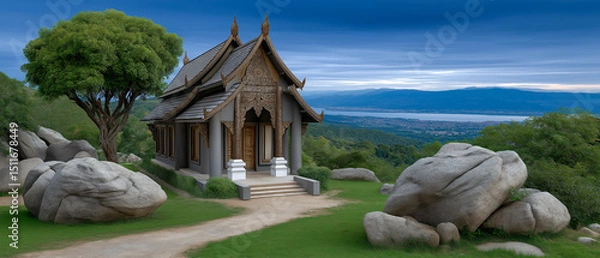Obraz Tranquil Sanctuary: A serene scene unveils a beautiful ancient structure nestled amidst a picturesque landscape, exuding peace and tranquility under a vast, open sky.