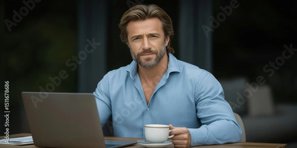 Obraz Man Working Remotely: A confident, mature man with a beard sits outdoors at a table, working on his laptop while enjoying a cup of coffee. He projects an air of calm professionalism and focus.
