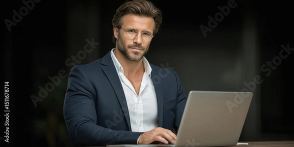 Obraz Modern Professional: A focused male entrepreneur, dressed in a sophisticated suit, is immersed in his work on a laptop, embodying the essence of modern business.