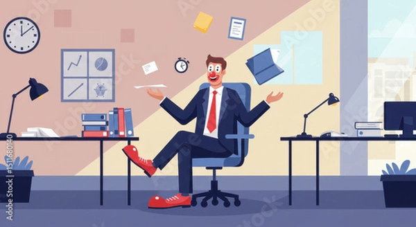 Fototapeta cartoon businessman juggling objects in office, symbolizing multitasking work-life balance. playful, humorous take on professional setting. office poster, business presentation, workplace humor.