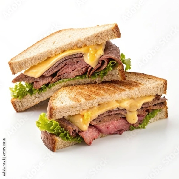 Obraz Freshly prepared roast beef sandwich with melted cheese and crisp lettuce served on toasted bread