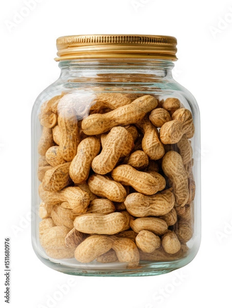 Fototapeta Roasted peanuts are visible inside transparent glass jar, showcasing their natural texture and color. jar golden lid adds touch of elegance, making it appealing display for snacks