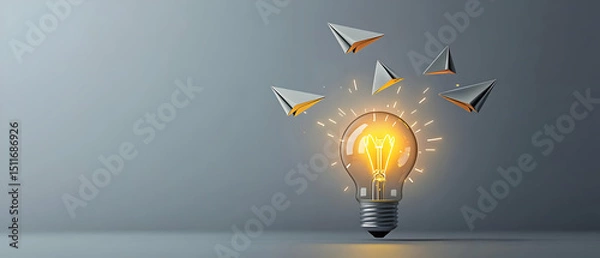Fototapeta Illuminated Lightbulb With Paper Planes In Gray Background