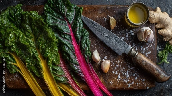 Obraz Flat lay of kitchen prep scene with rainbow chard, garlic, olive oil, and vintage knife