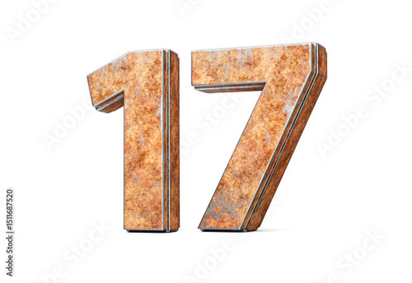 Fototapeta Number Seventeen 17 Digit Made Of Old Rusty Iron Metal Texture On White Background 3d Illustration