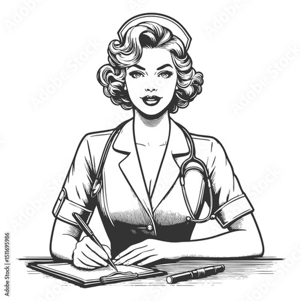 Fototapeta cheerful nurse with a classic cap and curly hair, symbolizing care and professionalism sketch engraving generative ai vector illustration. Scratch board imitation. Black and white image.