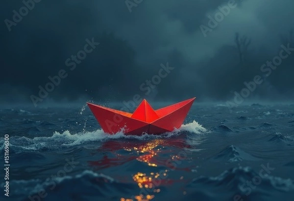 Fototapeta a solitary red paper boat floating on dark, calm water, with subtle reflections or glowing light. representing challenges, new beginnings, exploration, or a sense of being lost yet determined.