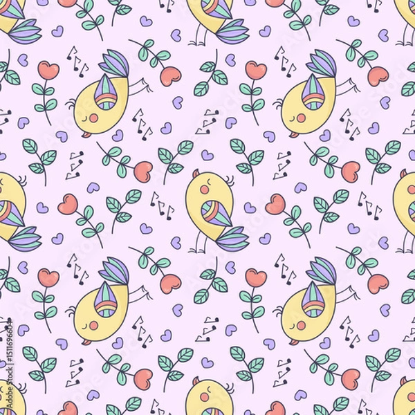 Fototapeta Seamless pattern with cute singing birds, heart flowers, and musical notes on a soft pink background. Hand-drawn doodle style, perfect for kids’ fabric and spring design.