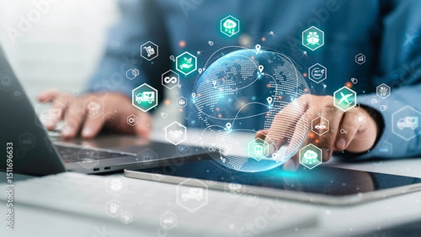 Obraz Green logistics concept to sustainable transportation. Business people use laptop to management eco-friendly supply chains, and carbon reduction in global freight and delivery systems.