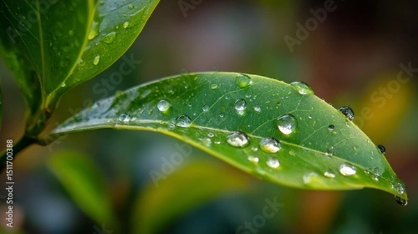 Obraz Fresh green leaf with glistening water droplets, a symbol of nature's delicate beauty