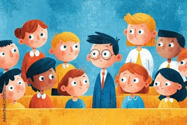 Fototapeta Group of diverse children in a classroom setting, with one boy in a suit standing out among peers, showcasing a moment of curiosity and engagement in learning environment