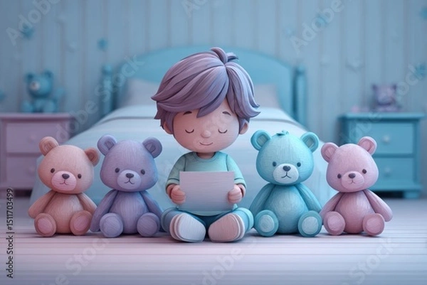 Fototapeta Child with light purple hair sits on floor reading a letter surrounded by colorful plush teddy bears in a cozy bedroom setting with soft pastel colors