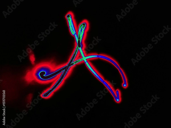Fototapeta Glowing English letter A. On a black background with colored neon lines, a letter of the English alphabet is written by hand. The letter glows pink-red, creating a green-blue halo around it.
