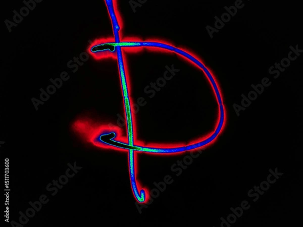Fototapeta Glowing English letter D. On a black background with colored neon lines, a letter of the English alphabet is written by hand. The letter glows pink-red, creating a green-blue halo around it.