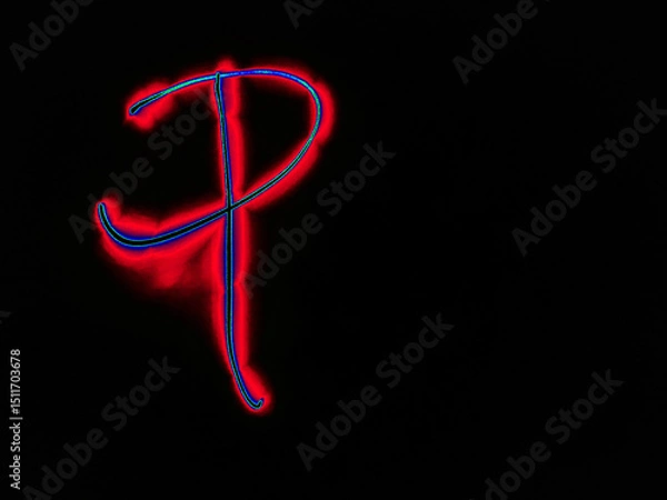 Fototapeta Glowing English letter P. On a black background with colored neon lines, a letter of the English alphabet is written by hand. The letter glows pink-red, creating a green-blue halo around it.