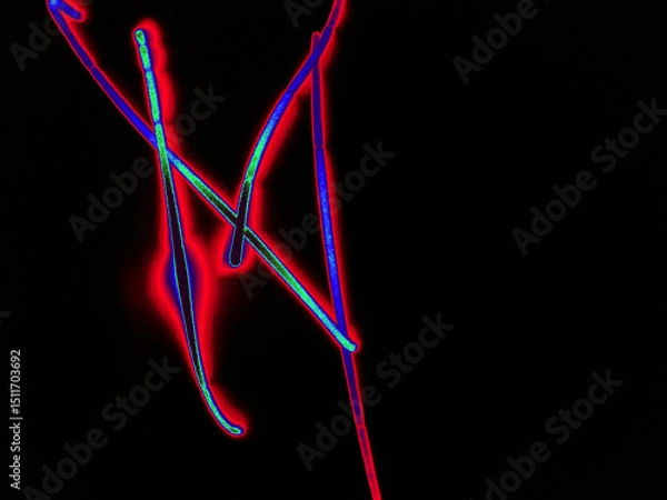 Fototapeta Glowing English letter M. On a black background with colored neon lines, a letter of the English alphabet is written by hand. The letter glows pink-red, creating a green-blue halo around it.