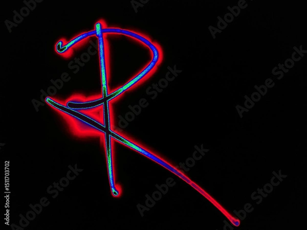 Fototapeta Glowing English letter R. On a black background with colored neon lines, a letter of the English alphabet is written by hand. The letter glows pink-red, creating a green-blue halo around it.