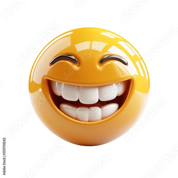 Obraz Happy yellow emoji face with big smile and white teeth expression render isolated on transparent  background png