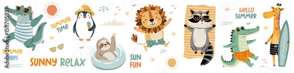 Fototapeta A set of flat vector illustrations in a simple children's style. Cute animals on beach vacation in swimsuits. Crocodile lion penguin sloth raccoon and giraffe, lettering. Vector illustration
