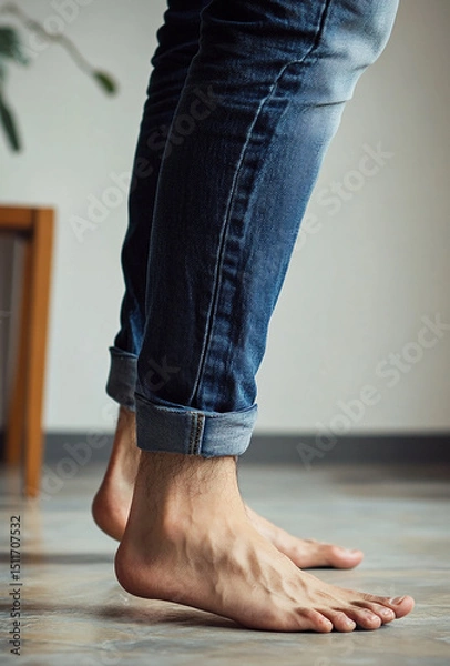 Obraz Close up of a person wearing jeans standing barefoot on a tiled floor indoors