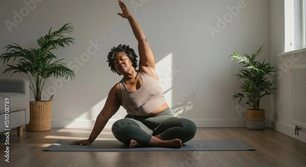 Obraz Woman practicing yoga in a sunlit room surrounded by plants and a cozy atmosphere, focusing on flexibility and mindfulness