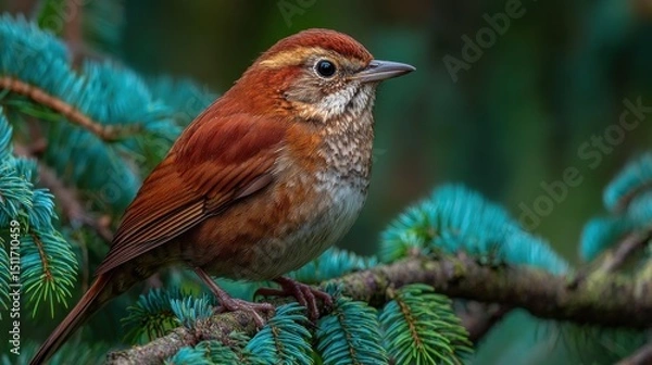 Obraz  Rufous bird perched gracefully on an evergreen branch in nature's embrace