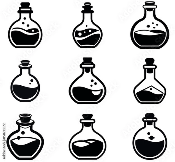 Obraz Magic Potion Bottle Icon Set Vector Silhouettes