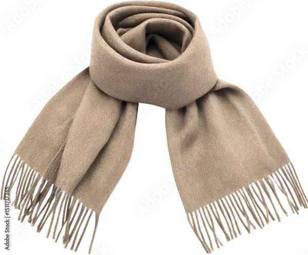 Fototapeta A soft beige scarf with fringes isolated on a transparent background, showcasing cozy winter fashion and textile texture
