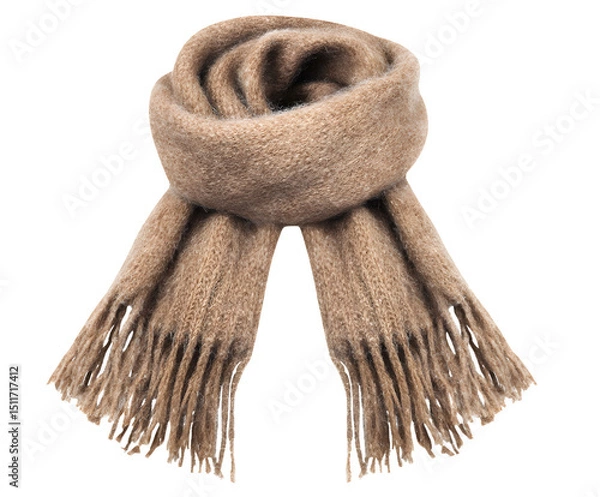 Fototapeta A soft beige scarf with fringes isolated on a transparent background, showcasing cozy winter fashion and textile texture

