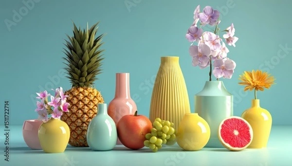 Obraz Colorful fruit and flowers in vases