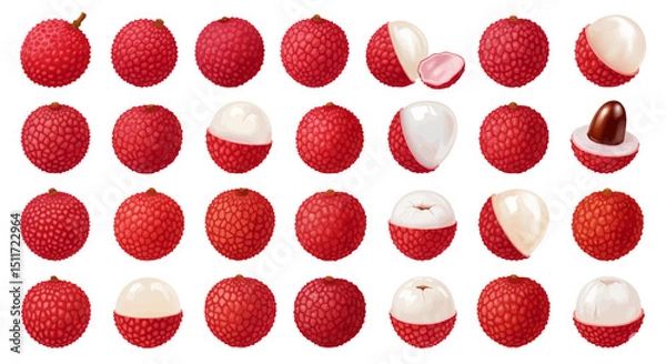 Fototapeta A collection of realistic lychee illustrations, including whole fruits with their textured red skin, peeled fruits showing the translucent white flesh, and some with the brown seed visible.