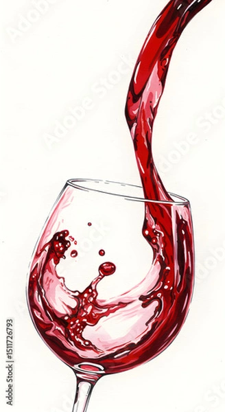 Obraz watercolor Illustration of Pouring rich red wine from bottle into crystal glass on white background. Dynamic flow and splashes. Wine tasting concept, wine enthusiasts and culinary experiences