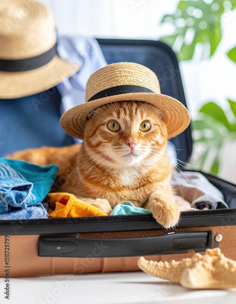 Fototapeta An adorable orange tabby cat wearing a straw hat comfortably lounges inside an open suitcase filled with colorful clothes, ready to join a sunny holiday adventure.