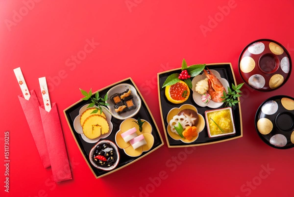 Fototapeta 【おせち料理】新年をお祝いするお正月。食材ひとつひとつに健康や繁栄の願いが込められたおせち料理。