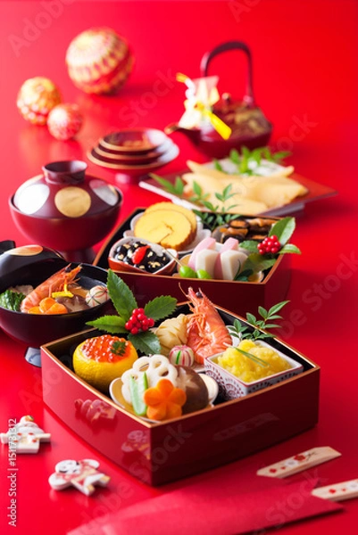 Obraz 【おせち料理】新年をお祝いするお正月。食材ひとつひとつに健康や繁栄の願いが込められたおせち料理。