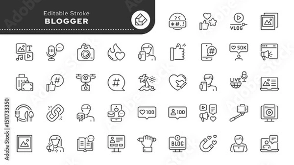 Obraz Blogging and blogger line icon set. Blog, influencer, content, vlog, vlogger, followers, social media, digital marketing and more. Outline icon in linear style. Vector collection	