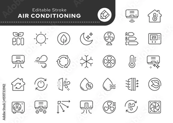 Obraz Air conditioning line icon set. Air conditioner, fan, wind, cooling and heating appliance, air cleaner, climate control, blow and more. Outline icon in linear style. Vector collection.	